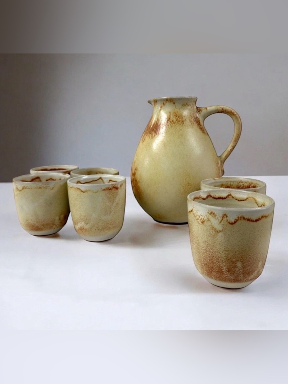 Rare Arto Cerámica Gotek Venezuela Pitcher & 6 Tumblers Studio Pottery MCM Set